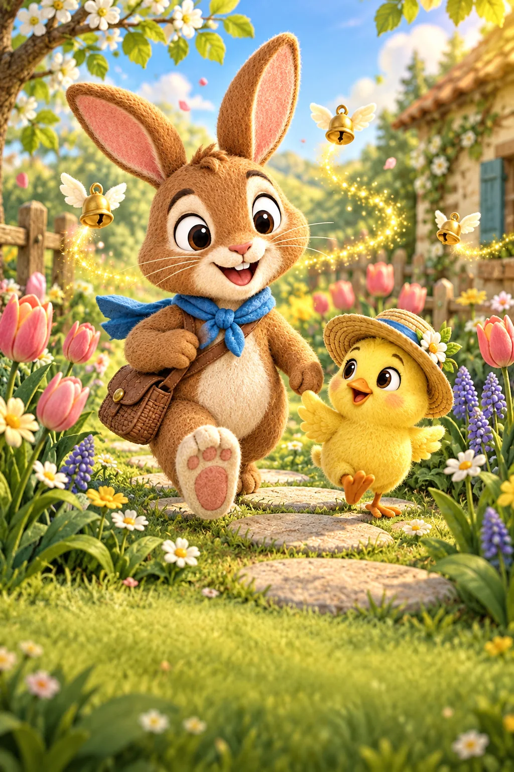 Le Lapin brun et le Poussin jaune suivent une trace brillante parmi les tulipes du jardin.