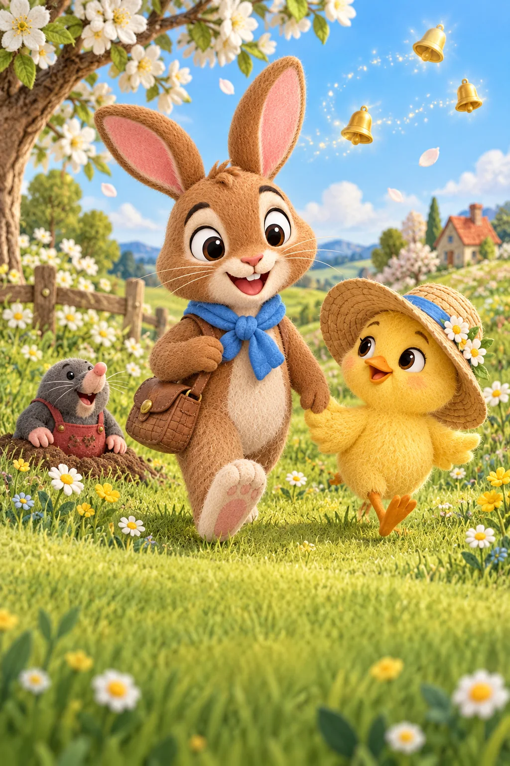 Le Lapin brun et le Poussin jaune avancent dans un pré fleuri, suivis par une petite taupe.