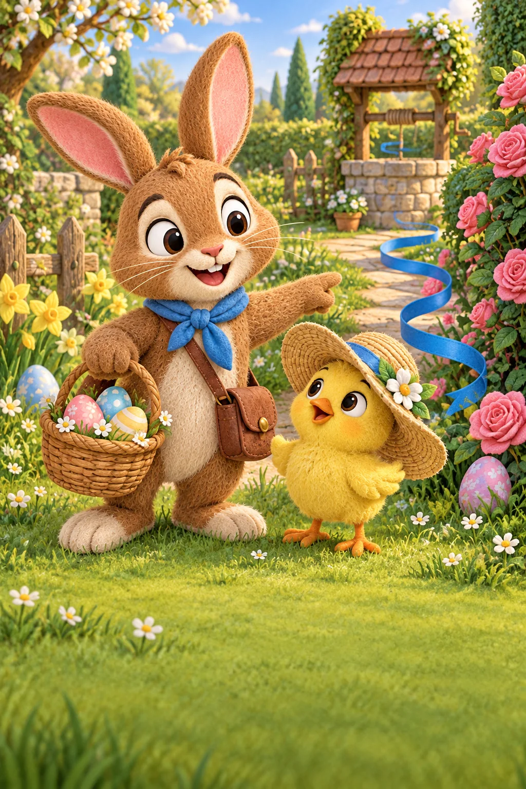 Un lapin brun et un poussin jaune suivent un mystérieux ruban bleu dans un jardin printanier.