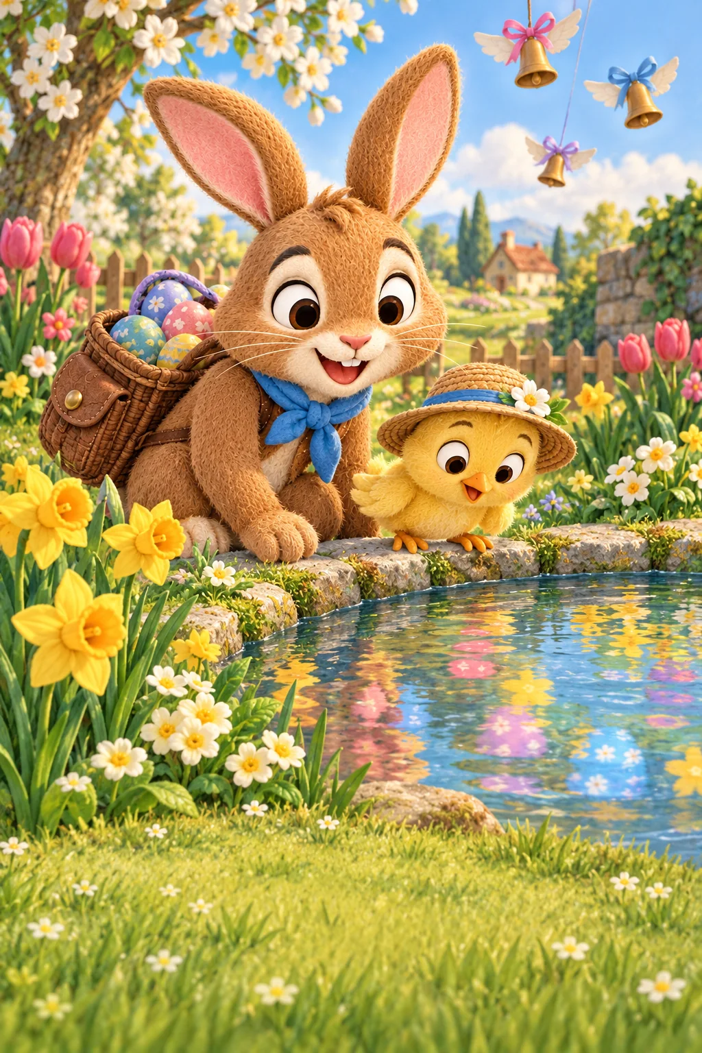 Le Lapin et le Poussin observent une mare entourée de jonquilles, traversée de reflets colorés.