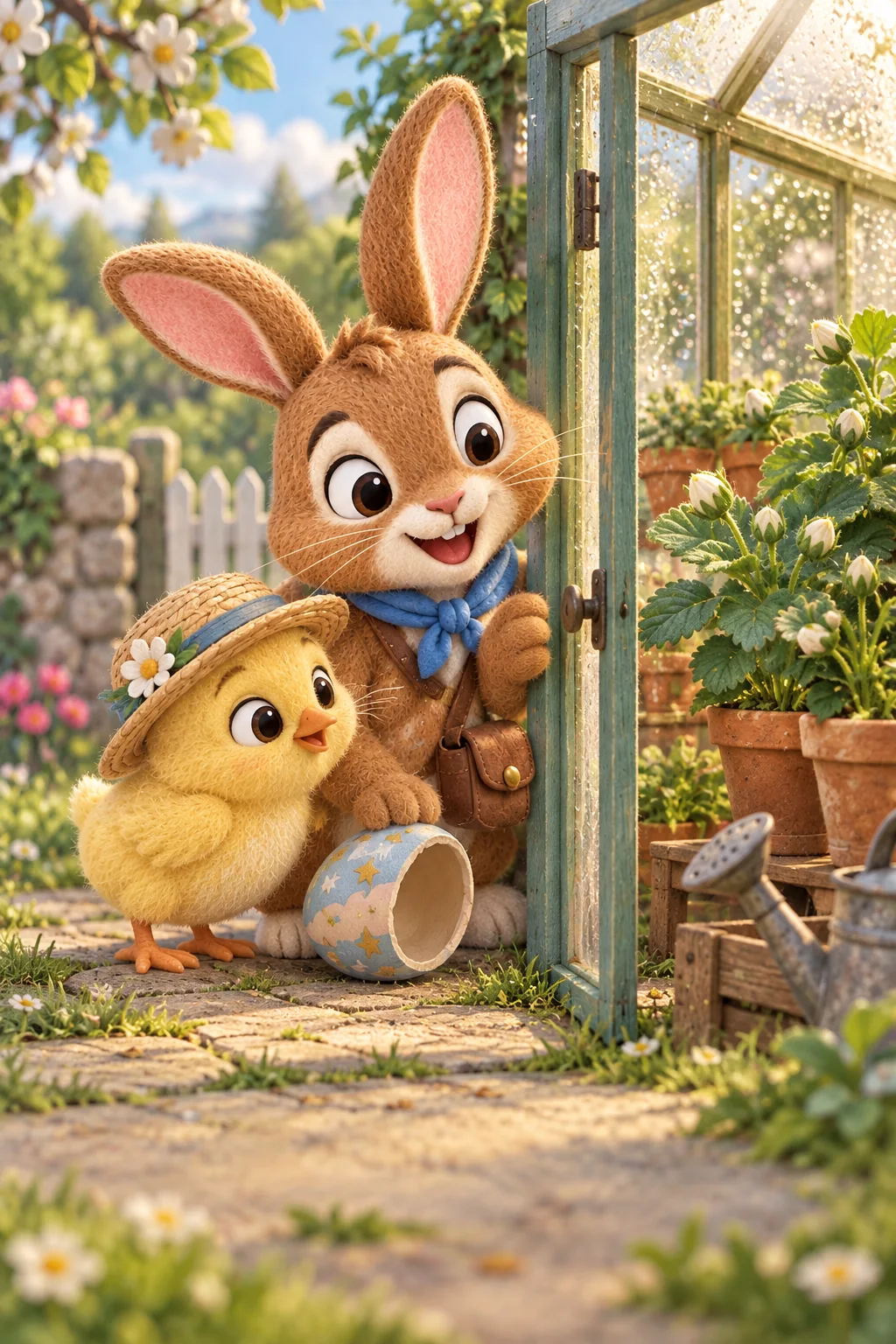 Le Lapin et le Poussin regardent une petite serre entourée de verdure et de gouttes brillantes.