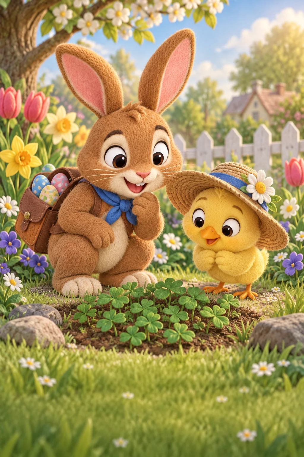 Le Lapin brun et le Poussin jaune observent un carré de trèfle encore sans fleurs.