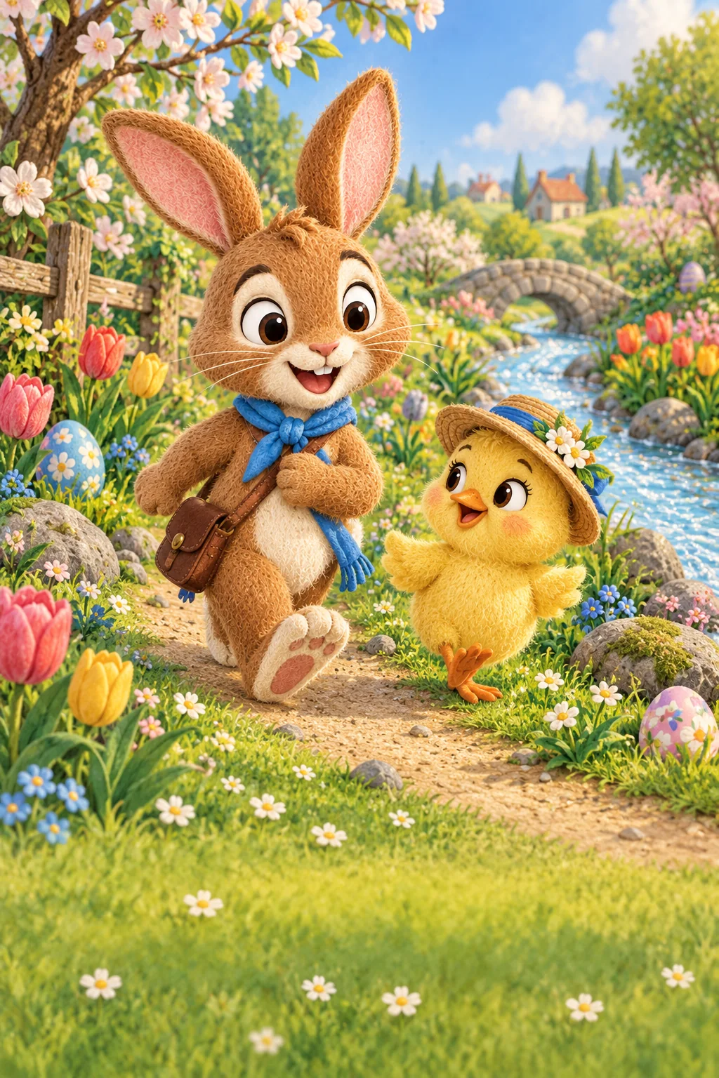 Un lapin brun et un poussin jaune suivent un ruisseau brillant dans un jardin fleuri de printemps.