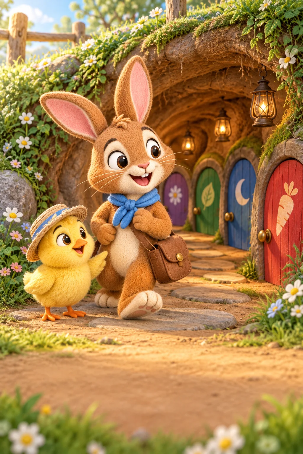 Le Lapin brun et le Poussin jaune découvrent l’entrée d’un terrier rempli de portes rondes colorées.
