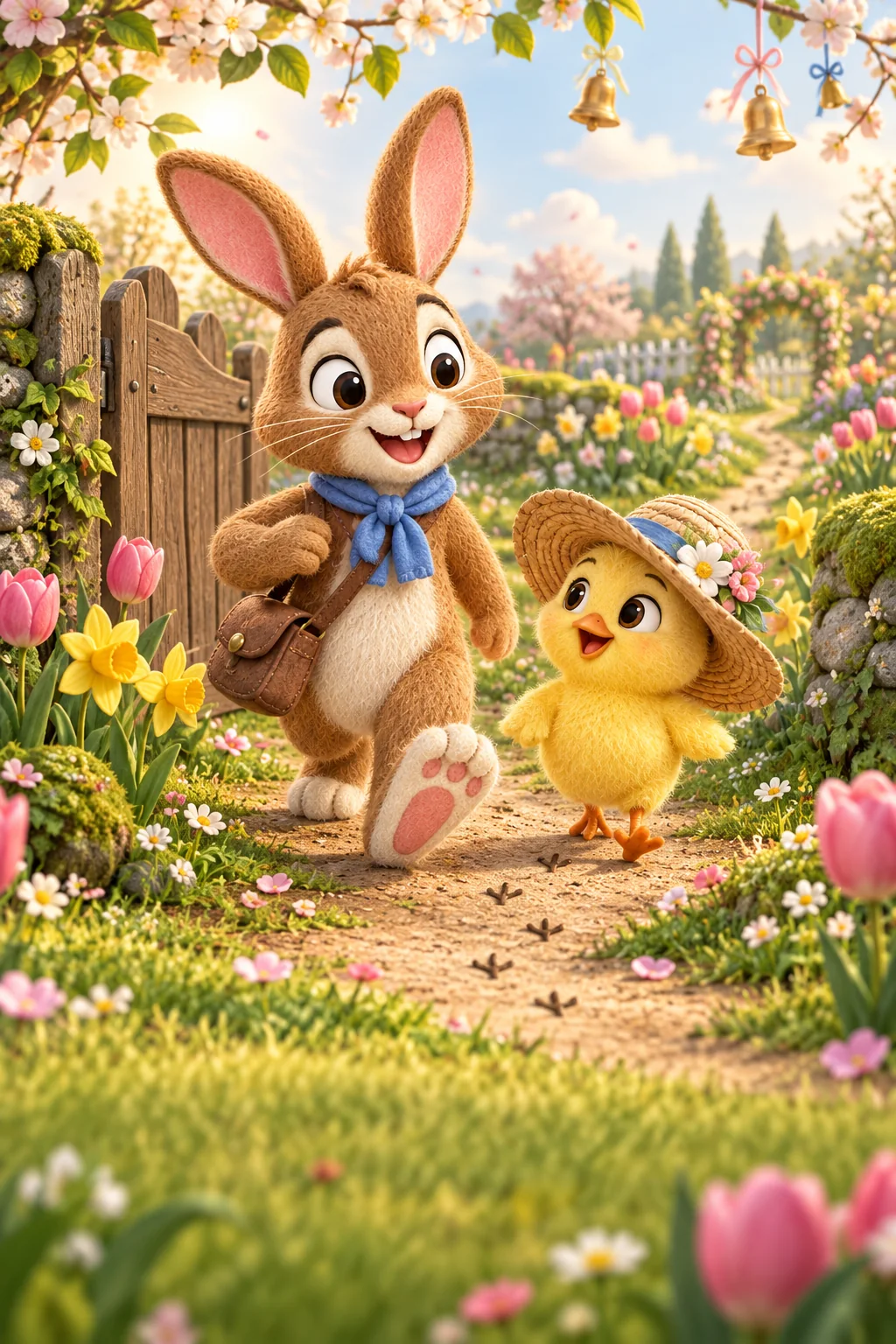 Un lapin brun et un poussin jaune suivent de minuscules indices dans un jardin fleuri de Pâques.