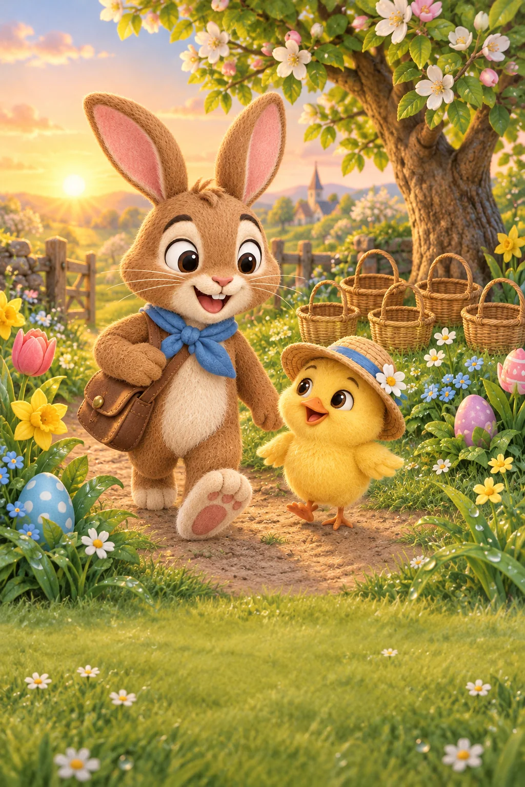 Le Lapin brun et le Poussin jaune avancent près de cinq paniers dans un jardin printanier lumineux.