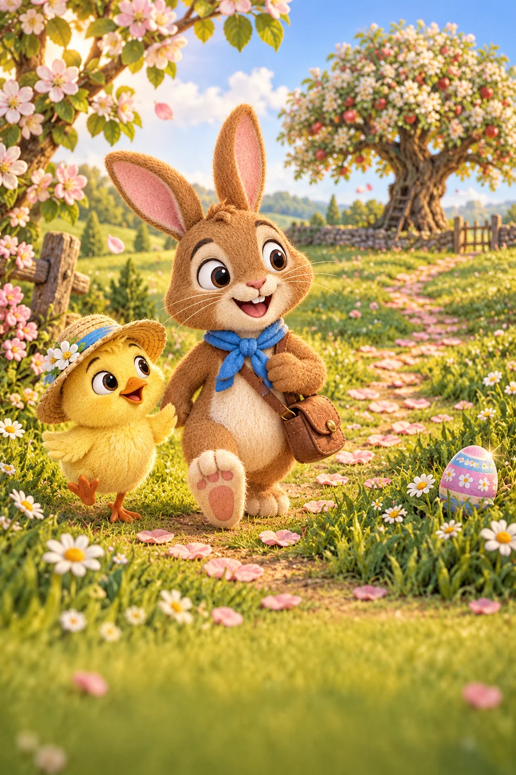 Le Lapin brun et le Poussin jaune suivent une piste de fleurs vers le vieux pommier.