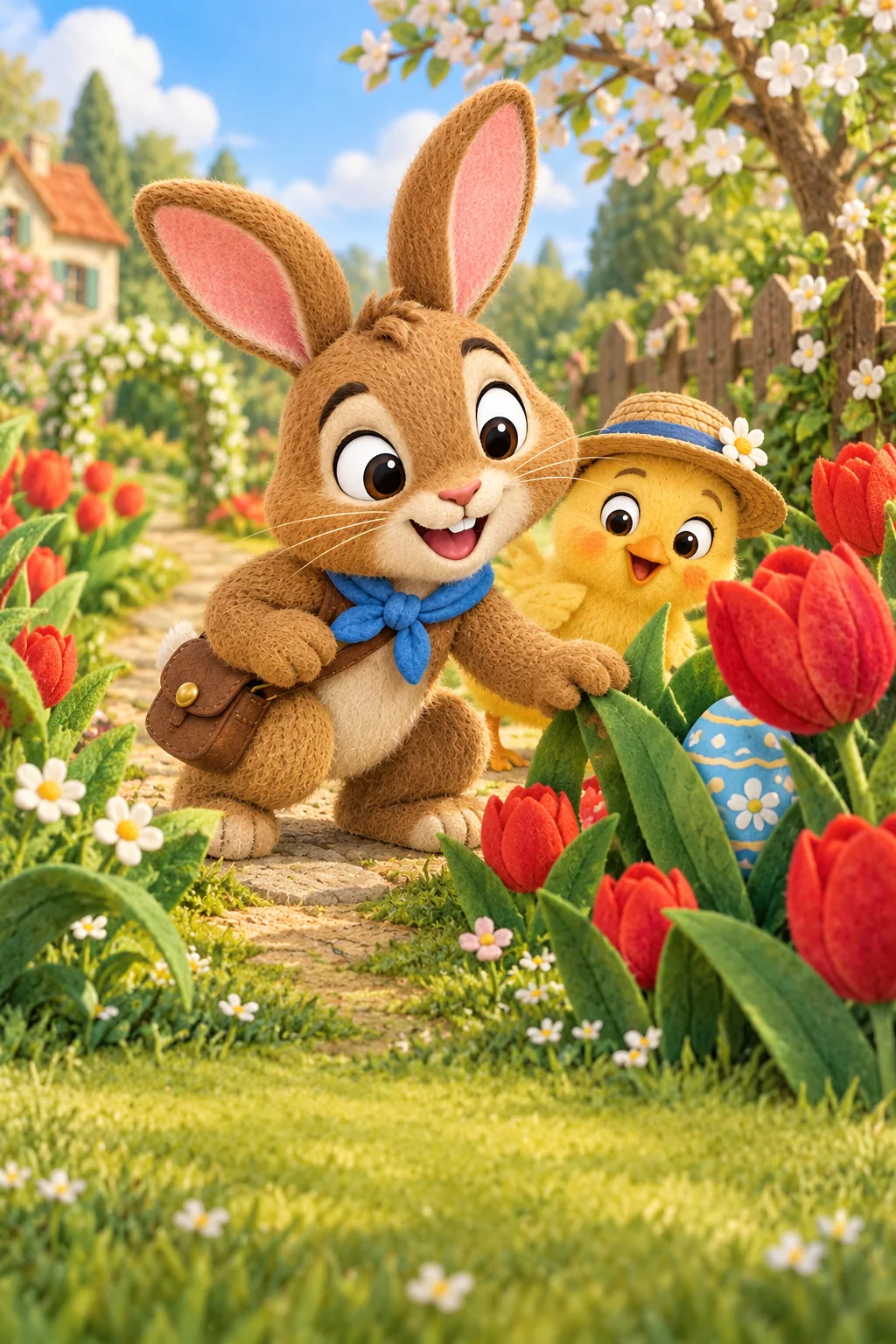 Le Lapin brun et le Poussin jaune cherchent un œuf bleu parmi les tulipes.