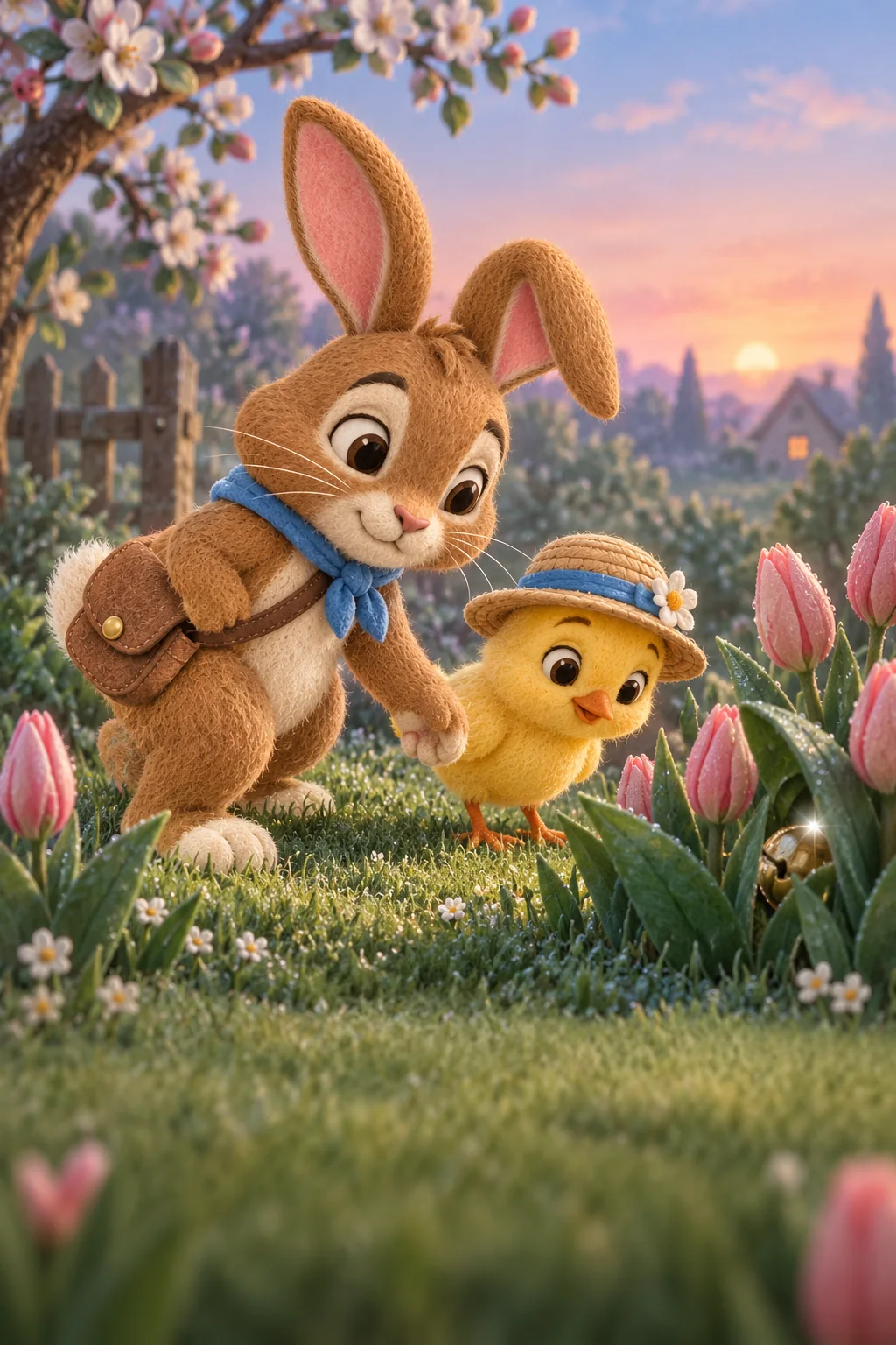Un lapin brun et un poussin jaune cherchent dans un jardin endormi avant le lever du soleil.