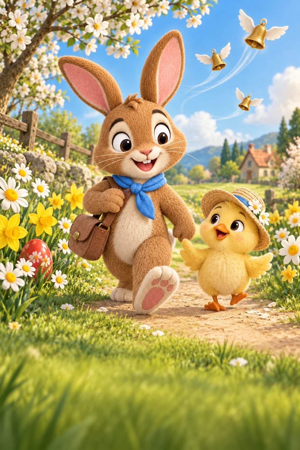 Le Lapin brun et le Poussin jaune avancent sur un sentier fleuri, près d’un œuf rouge.