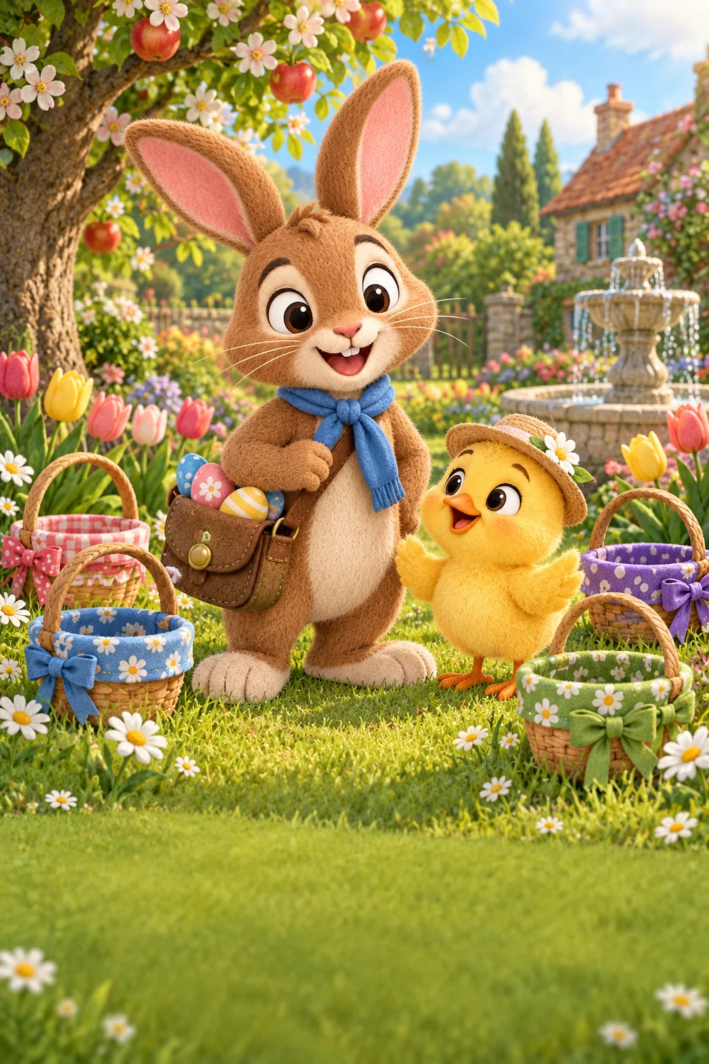Le Lapin brun et le Poussin jaune découvrent quatre paniers dans un jardin fleuri au matin de Pâques.