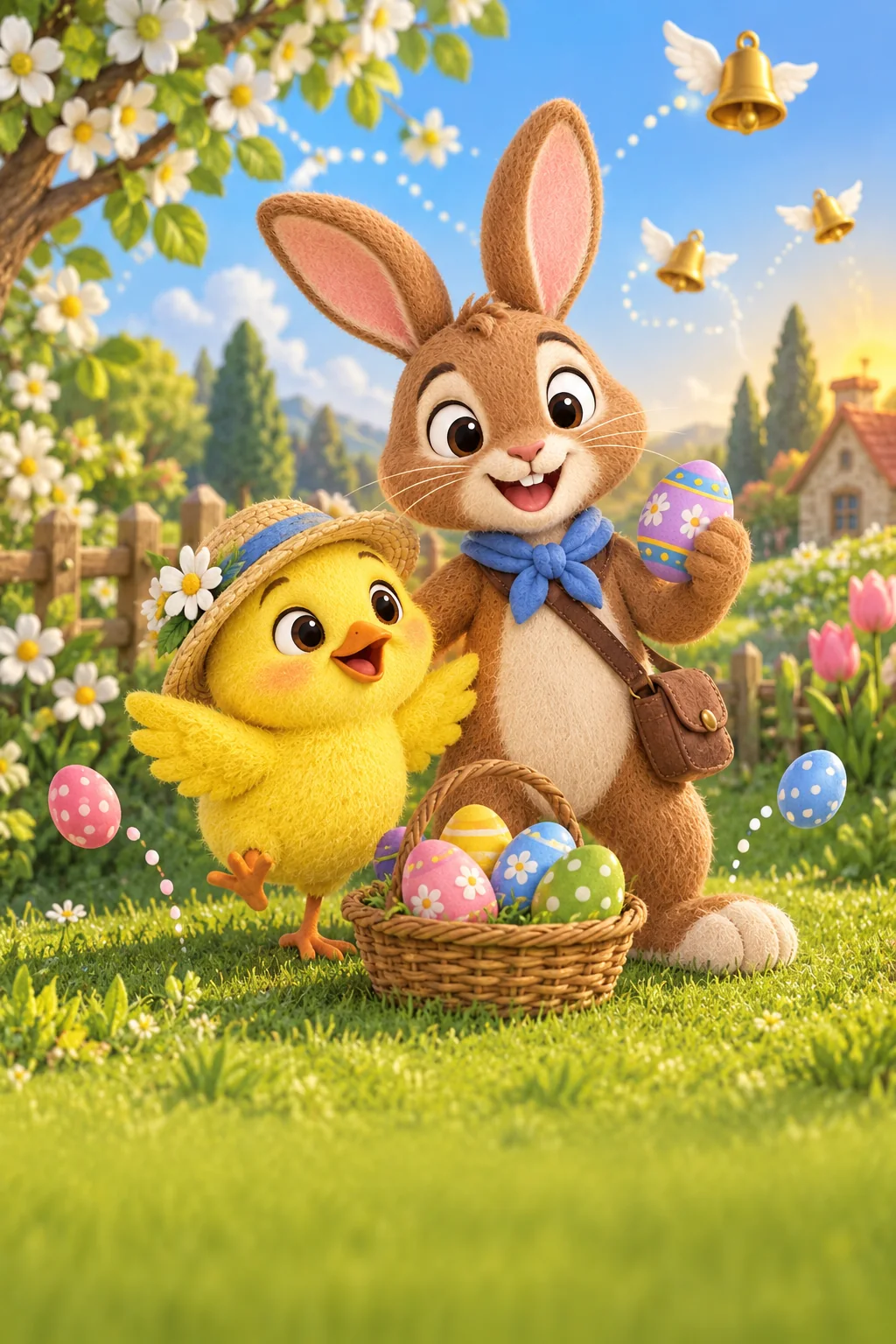 Un lapin brun et un poussin jaune observent un panier d’œufs dans un jardin fleuri.