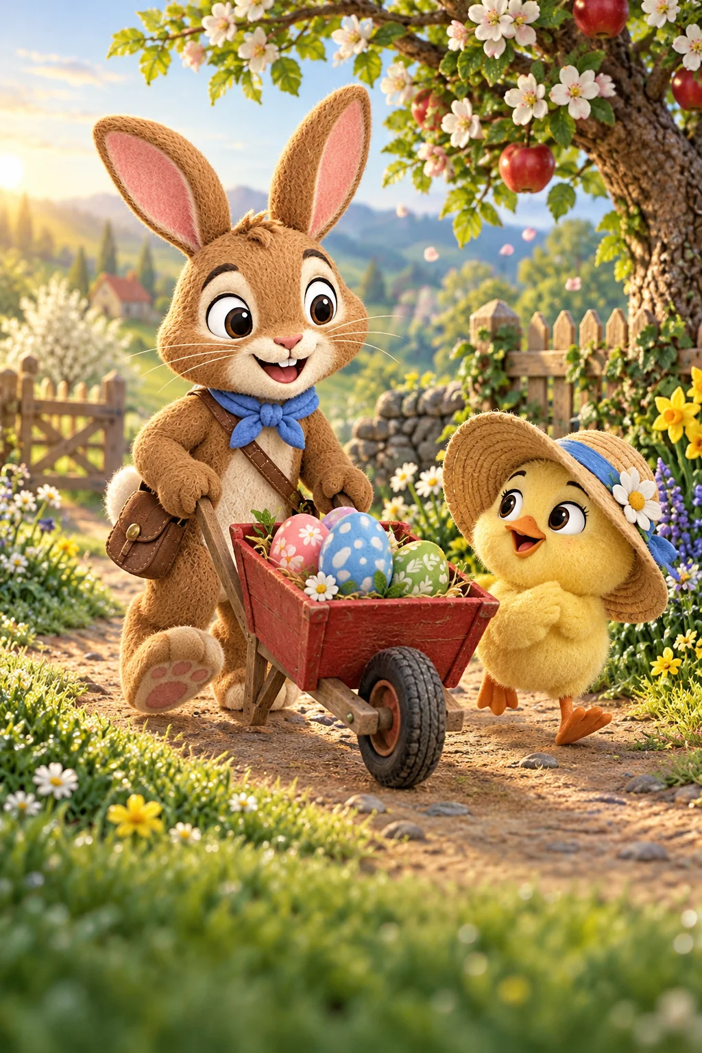 Le Lapin brun et le Poussin jaune avancent dans le jardin avec une brouette colorée.