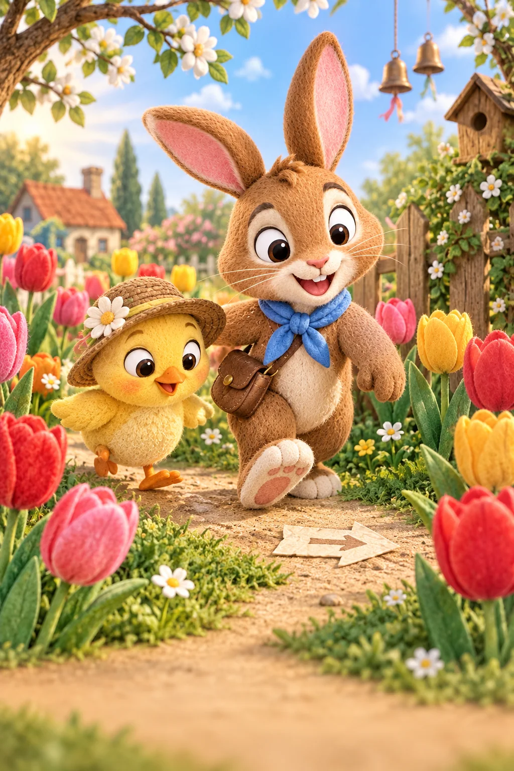 Le Lapin brun et le Poussin jaune cherchent un indice parmi les tulipes fleuries du jardin.