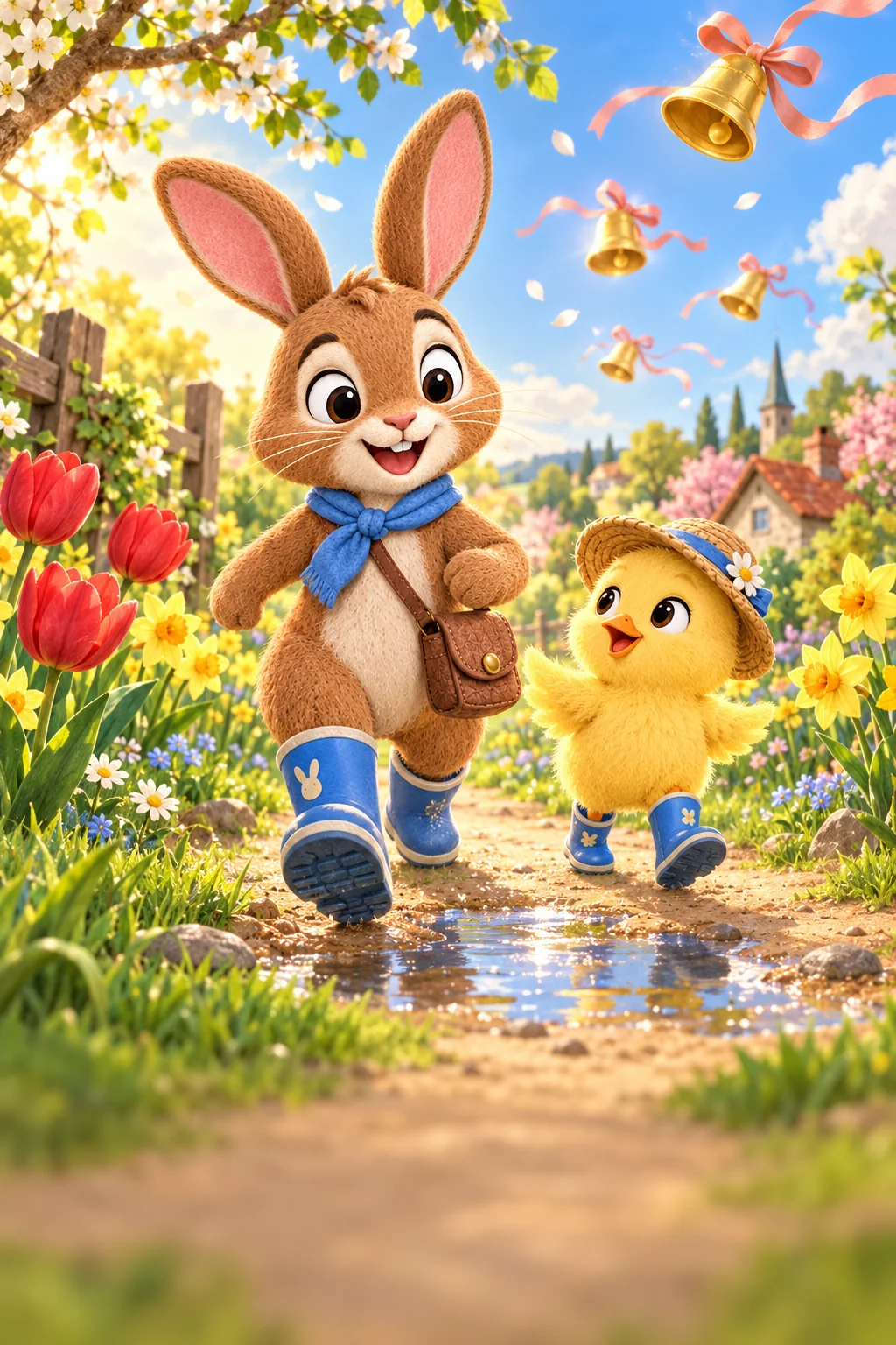 Un lapin brun et un poussin jaune avancent dans un jardin printanier près d’une flaque brillante.
