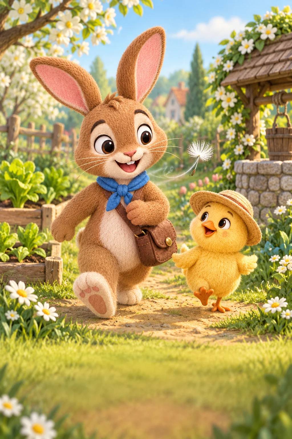 Le Lapin brun et le Poussin jaune avancent dans le jardin, entourés de feuilles neuves et d’une plume blanche.