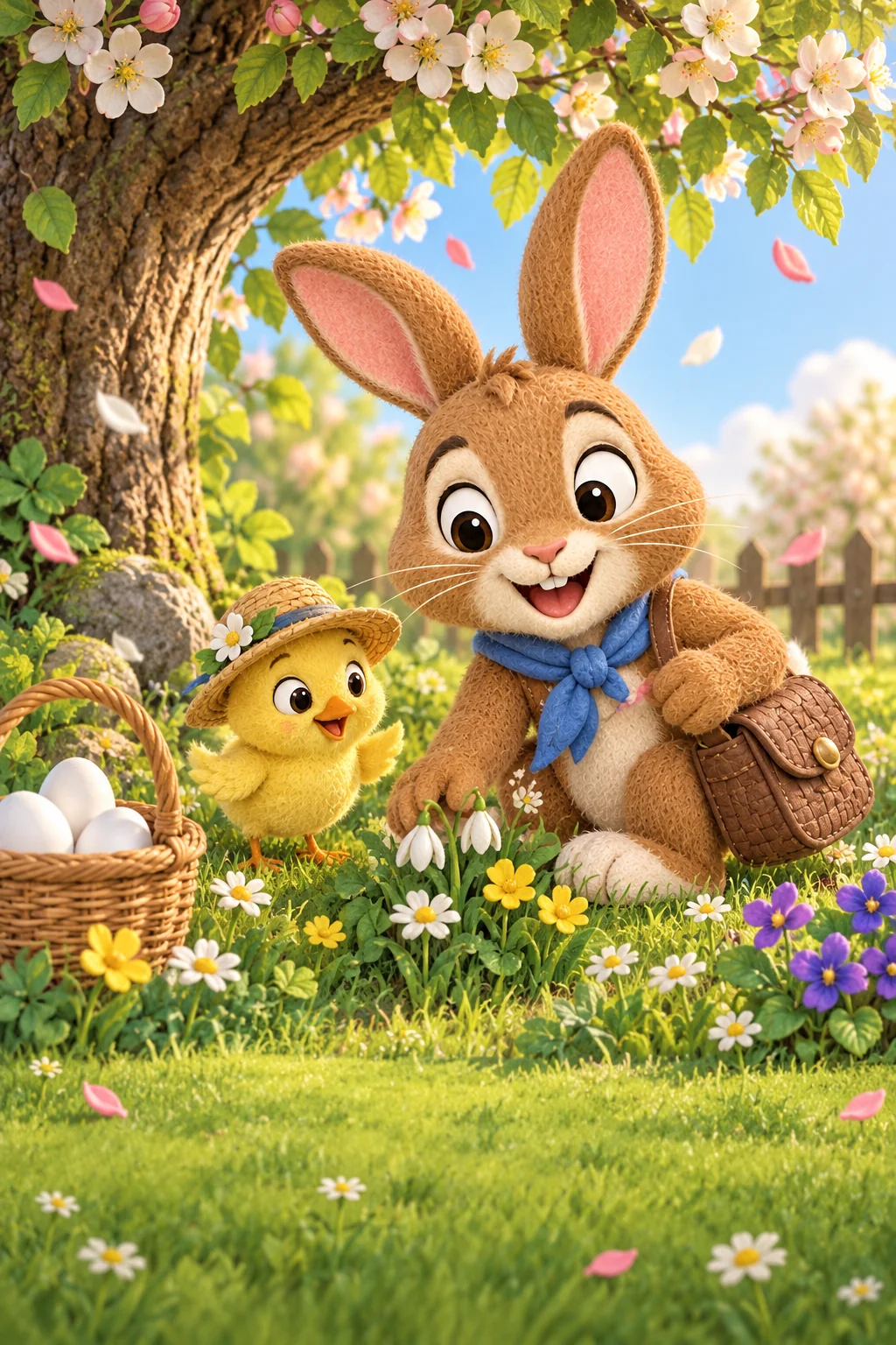 Le Lapin brun et le Poussin jaune cherchent des pétales colorés dans le jardin printanier.