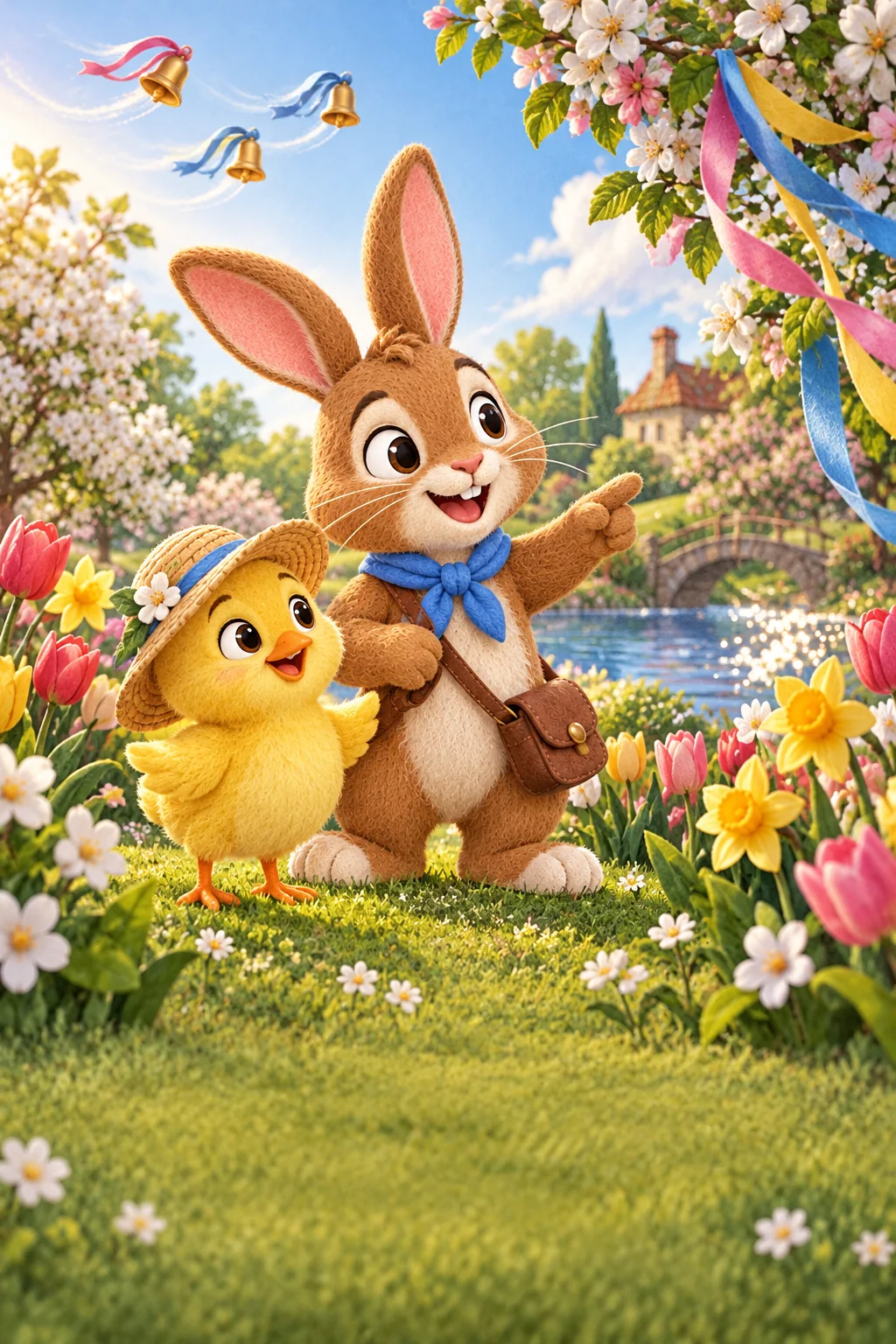 Le Lapin brun et le Poussin jaune cherchent des rubans colorés dans un jardin de printemps.