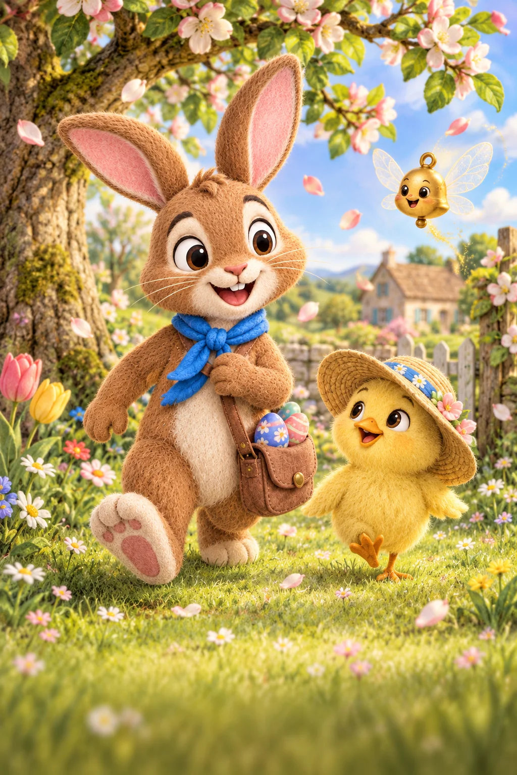Un lapin brun et un poussin jaune avancent dans un jardin fleuri sous une clochette ailée.