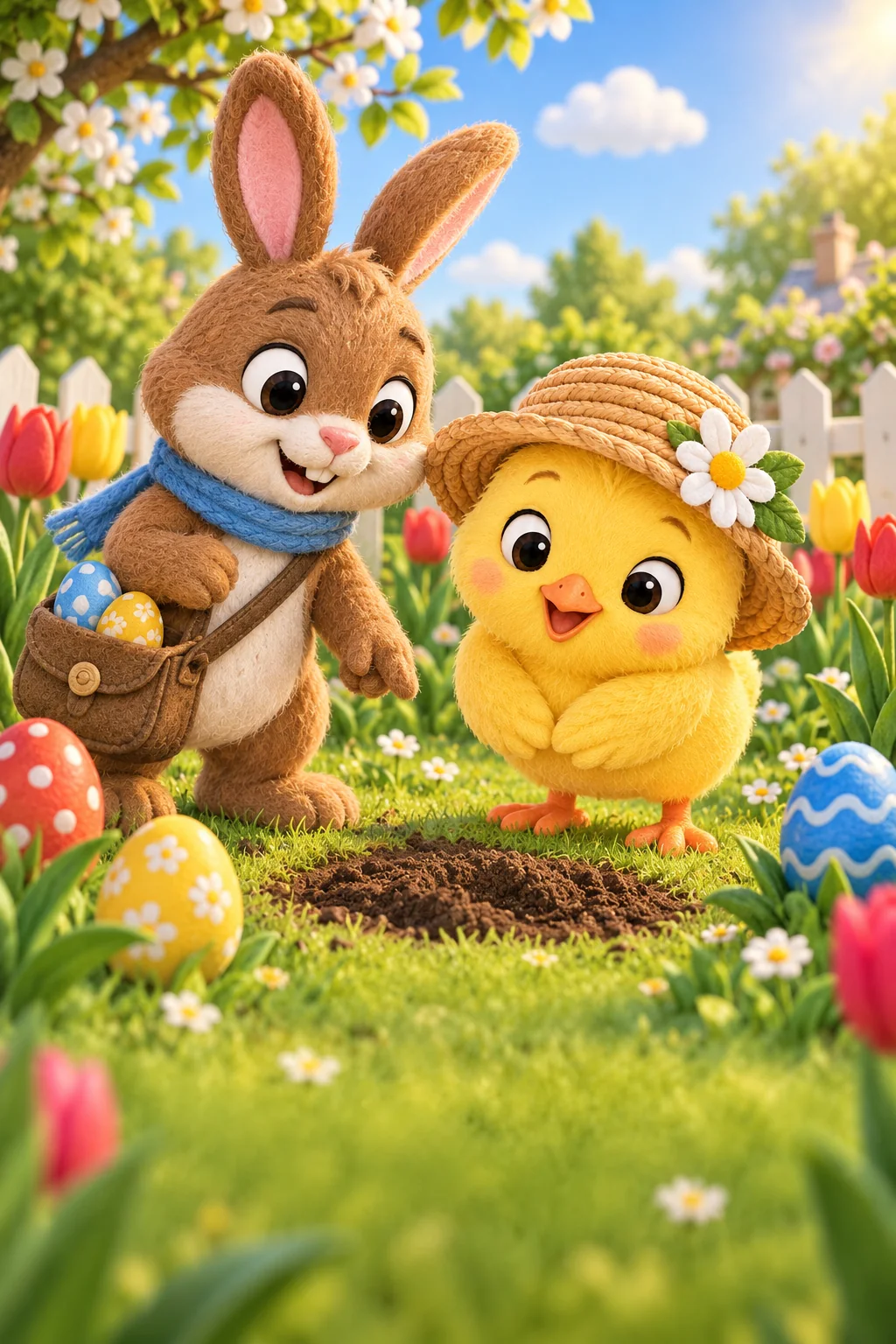 Un lapin brun et un poussin jaune observent une petite motte entre les tulipes du jardin de Pâques.