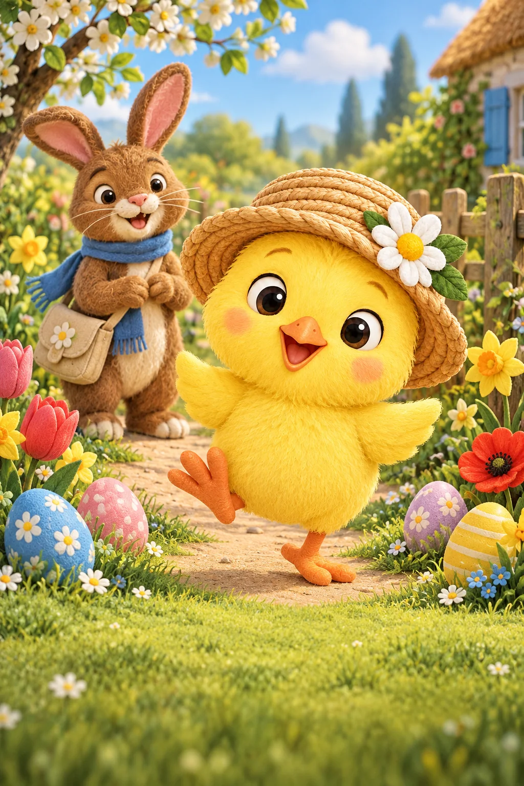Un poussin jaune au chapeau de paille s’apprête à danser dans un jardin fleuri de Pâques.