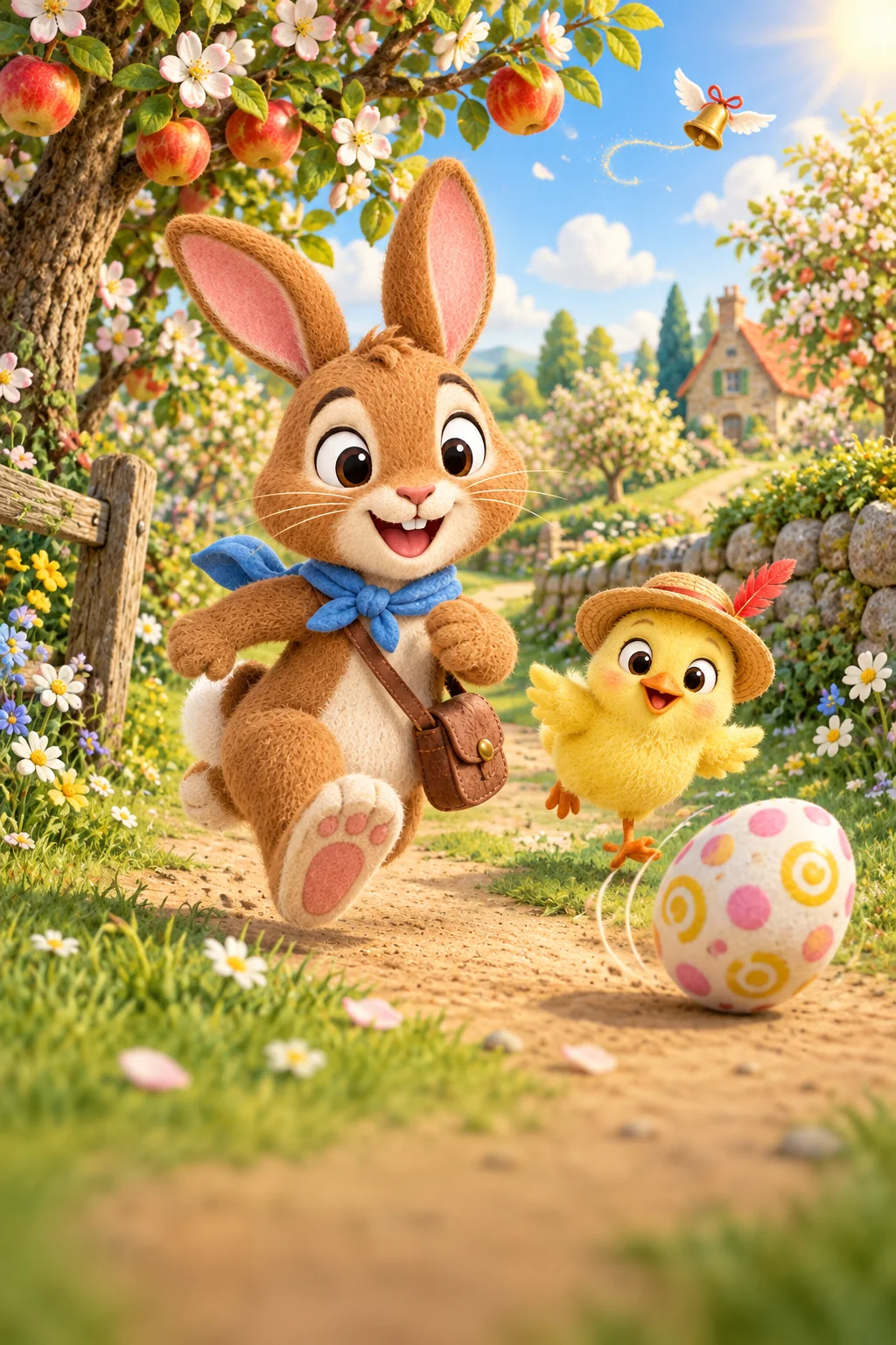 Un lapin brun et un poussin jaune poursuivent un œuf décoré dans un jardin printanier.