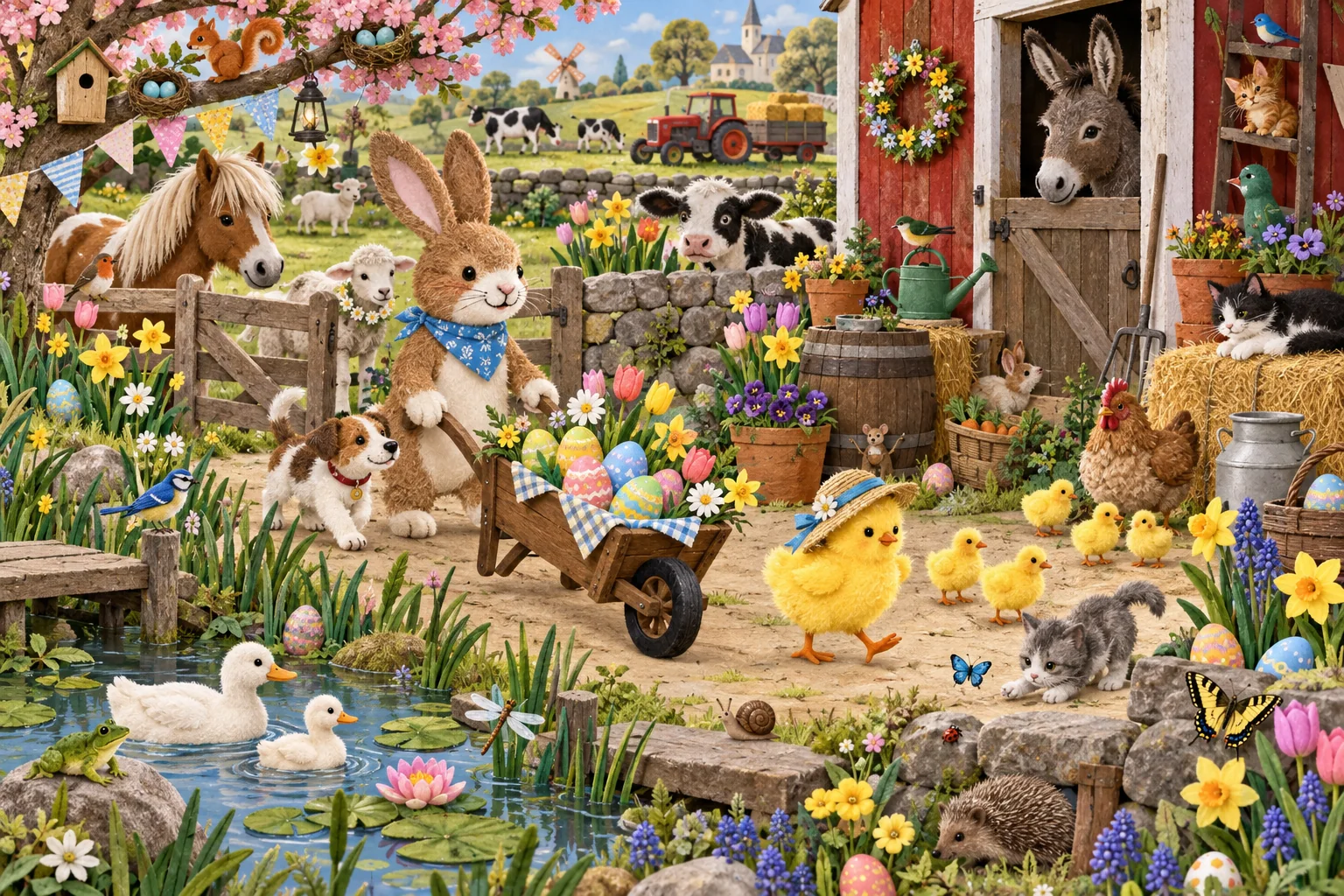 Observe la ferme au printemps et retrouve l’âne curieux, le tracteur rouge, la grenouille verte et le hérisson.