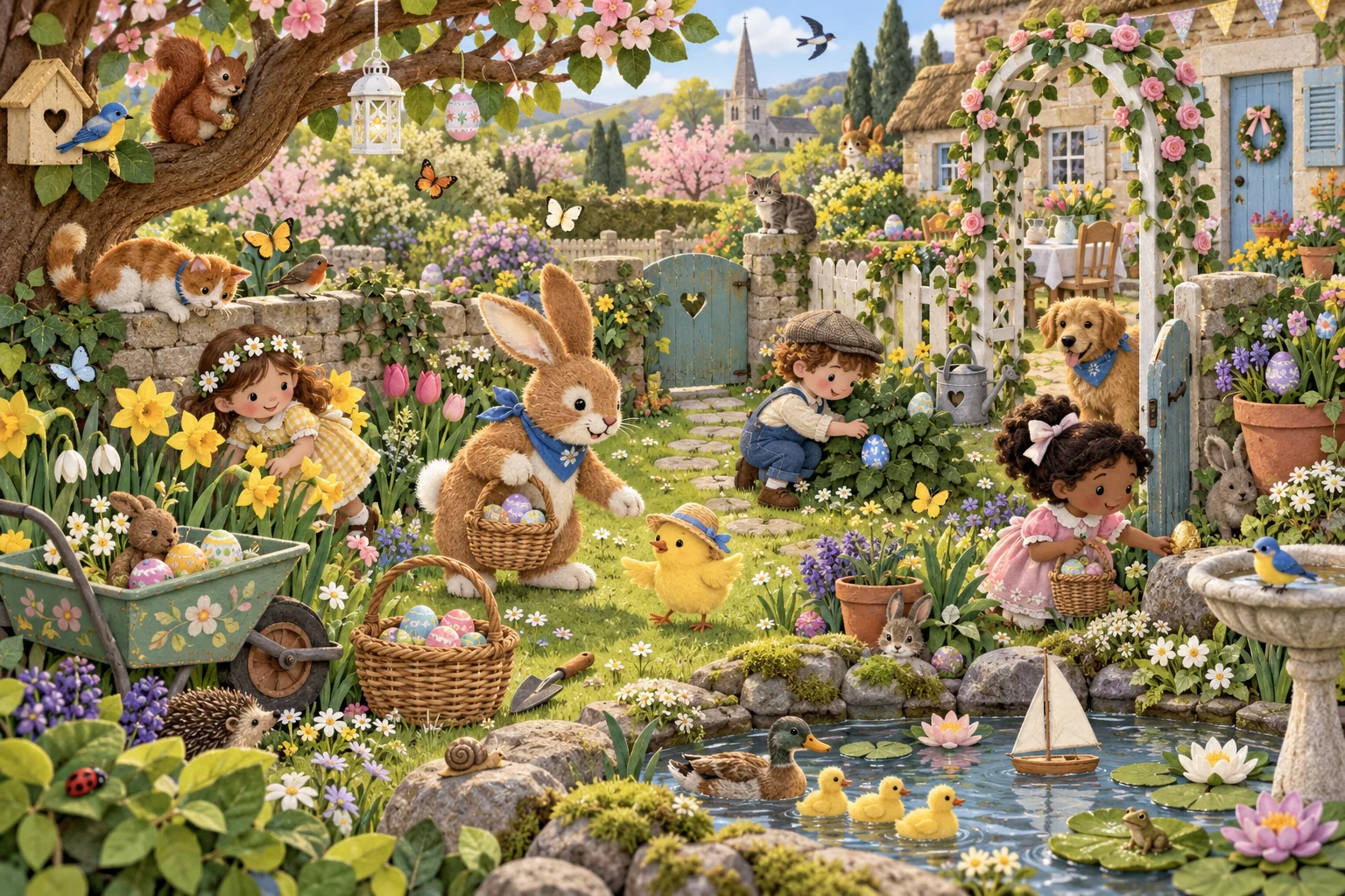 Pars à la chasse dans le jardin et retrouve le bateau à voile, le chien doré, le petit garçon et la grenouille.