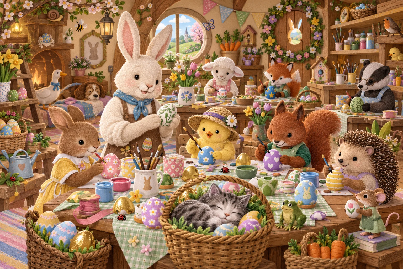 Dans la classe créative, retrouve le hérisson peintre, le blaireau à lunettes, le canard au nœud bleu et le pot à pinceaux.