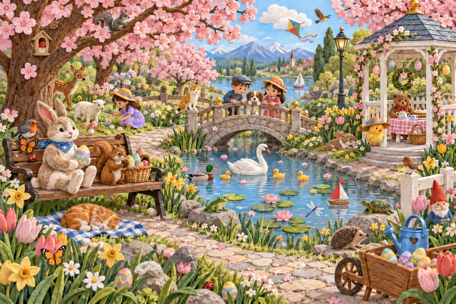 Observe le pont, le bateau et les cerisiers en fleurs pour débusquer le chat, les papillons et l’escargot différents. (version modifiée)