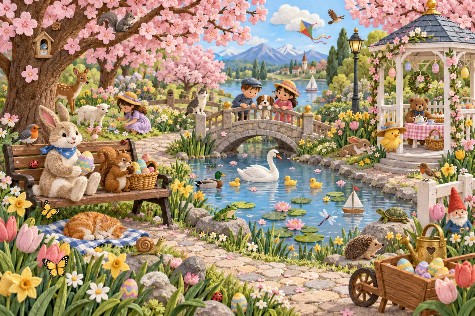 Observe le pont, le bateau et les cerisiers en fleurs pour débusquer le chat, les papillons et l’escargot différents.
