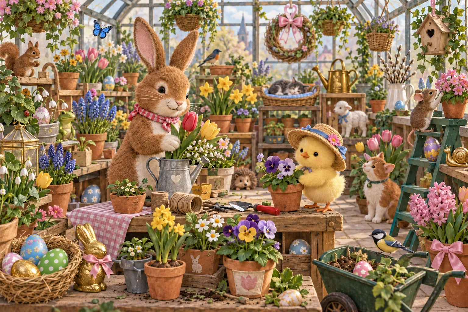 Regarde attentivement la serre colorée pour repérer le papillon, les tulipes, le chapeau et l’œuf à pois. (version modifiée)