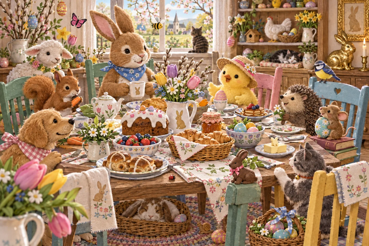 Observe cette table et retrouve les détails modifiés sur les papillons, les animaux, les fleurs et le lapin chocolaté. (version modifiée)