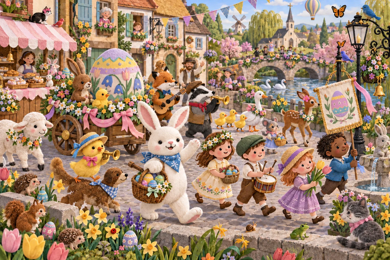 Suis la joyeuse parade et cherche les changements sur les oiseaux, les rubans, la charrette et le nœud papillon. (version modifiée)